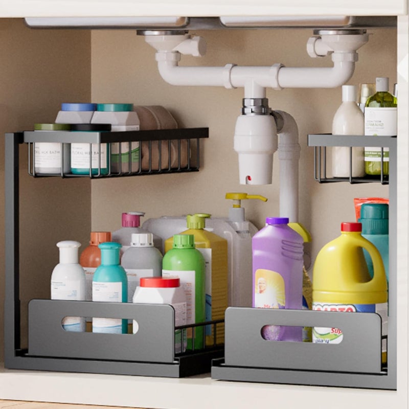 VUSIGN Under Kitchen Sink Organizer, 2 Tier Metal Slide out Sink Shelf Pull out Cabinet Organizer Drawers for Bathroom Kitchen Laundry, 2 Pack, Black - Image 1
